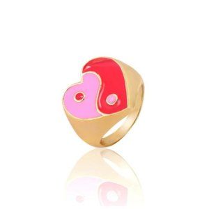 Large Pink Enamel Yin Yang Gold Statement Ring